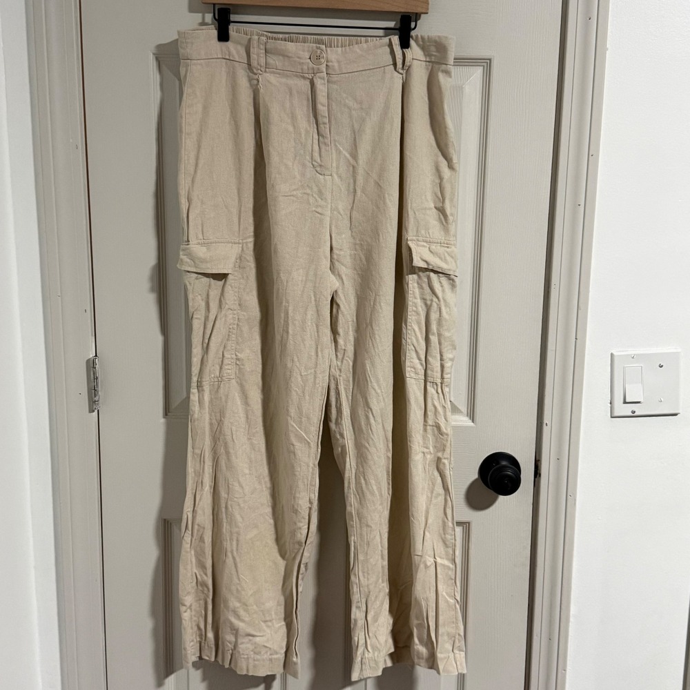 Ellen Tracy Linen Blend Wide Leg Pants Womens Large Beige Cargo Coastal Summer
